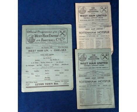 Football programmes, West Ham United, three home programmes v Chelsea FLS 6 Oct 1945 (single sheet) &amp; v Tottenham 1948/9 