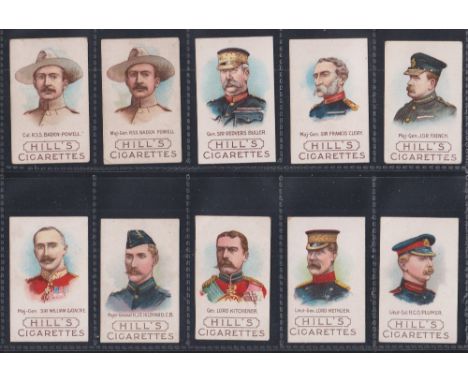 Cigarette cards, Hill's, Boer War Generals - Campaigners, (set, 12 cards plus variation card for Baden-Powell) (some with sli