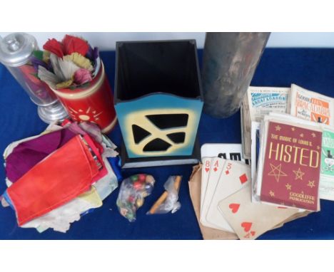 Collectables, Magic, vintage conjurors equipment to include wand, compressed feather flowers, silk handkerchiefs and bunting,