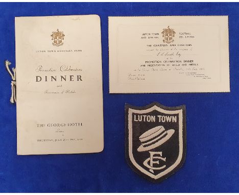 Football memorabilia, Luton Town FC, Promotion Celebration Dinner Menu from event held at The George Hotel, Luton, 29 July 19