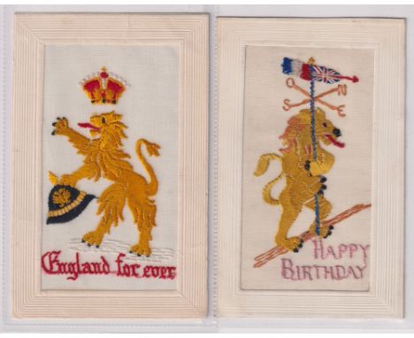 Postcards, Silks, 2 patriotic embroidered silk cards each showing a standing lion. The first holding a weather vane with 'Hap