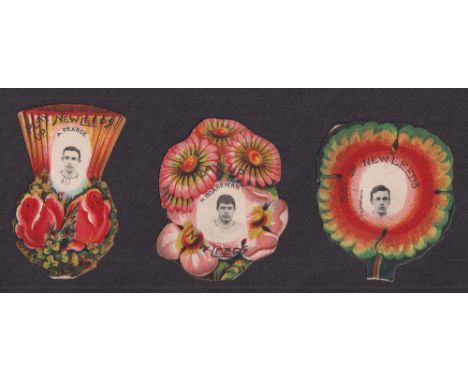 The W G McGregor Bonner Collection, Trade cards, Rugby, W N Sharpe, 3 flower shaped button hole cards, all for 'Play Up New L