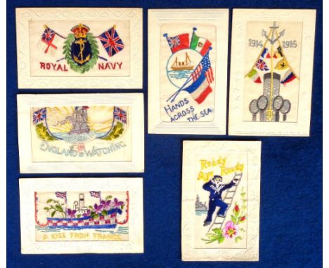 Postcards, Silks, a Naval mix of 6 embroidered silk cards, inc. 'A Kiss from France' showing full length naval ship (un-named