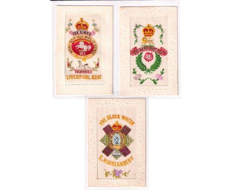 Postcards, Silks, 3 embroidered regimental badges for the Black Watch, Hampshire Regt, and The King's Liverpool Regt (VIII) w