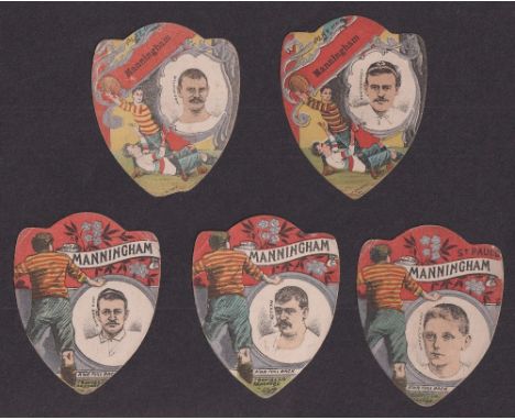 The W G McGregor Bonner Collection, Trade cards, Rugby, Baines, 5 shield shaped cards all for Manningham, each one with playe
