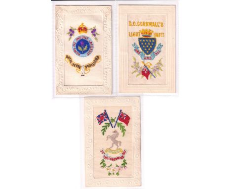 Postcards, Silks, 3 military embroidered silks inc. D.O Cornwall's Light Infantry, text includes 'One and All'; Royal Scots F