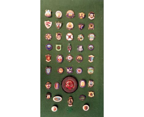 Bowls badges, a board mounted display of 41 enamel bowling badges, mostly 1960's inc. Tottenham & Dist. Tour 1961, Hastings, 