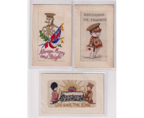 Postcards, Silks, 3 embroidered military patriotic silks featuring Tommy, inc. child in military uniform representing the Red