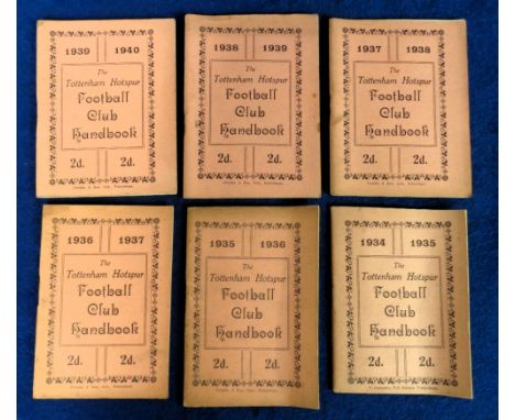 Football Handbooks, Tottenham Hotspur, a collection of six handbooks for seasons 1934/5, 1935/6, 1936/7, 1937/8, 1938/9 &amp;