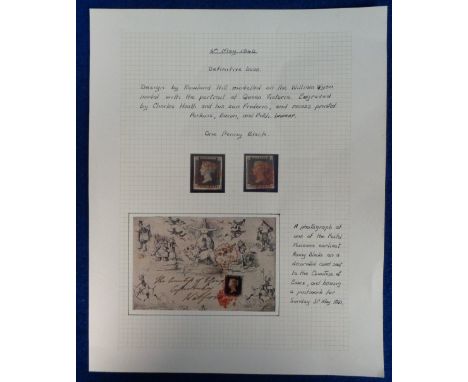Stamps, GB QV 1d blacks, MI 4 margin cancelled by a light, almost complete strike of a red MX and RJ 3.5 margin cancelled by 