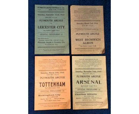 Football programmes, Plymouth Argyle homes 1945/46, 4 programmes v Leicester City 22 Sept 45, Arsenal 24 Nov 45, WBA 2 March 