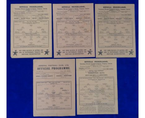 Football programmes, Tottenham Hotspur, 5 wartime home programmes 1945/6 v Arsenal 16 Feb 46 FLS, Aston Villa 20 Feb 46 FLS, 
