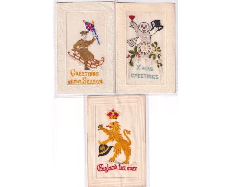 Postcards, Silks, 3 better designs of embroidered silks with vertical lion holding a German helmet with 'England Forever' cap