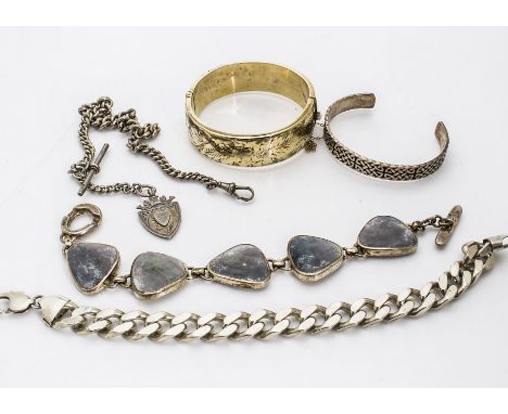 A silver gilt floral decorated bangle, a silver Celtic torque, an Edward VII silver watch chain and two silver bracelets and 