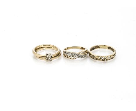 Three Brooks and Bentley 9ct gold diamond set dress rings, including a double band with a hinged kiss, opening to reveal the 