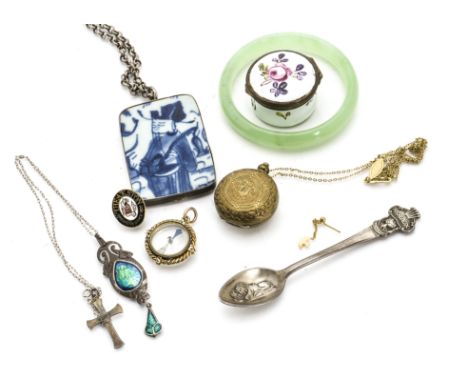 A small group of objet d'art, including a Rolex Lucerne coffee spoon, a Bilston enamel box, AF, an Art Nouveau silver and ena