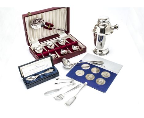 A collection of silver plated items and coins, also a modern Prince William silver Christening spoon from Franklin Mint, incl