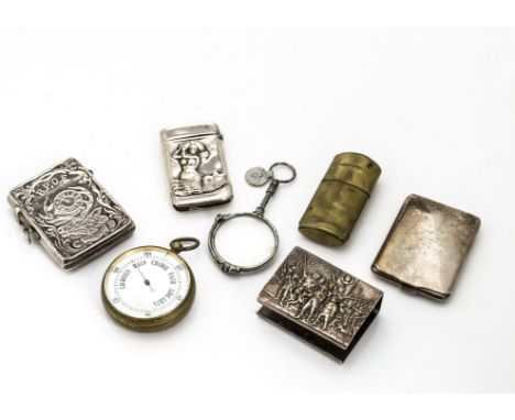 A group of nine small works of art, including a silver US Benevolent &amp; Protective Order of Elks vesta case, a silver matc