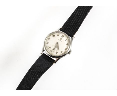 A 1950s Omega stainless steel gentleman's wristwatch, 33mm case, manual wind, appears to run, no. 13483998, on black leather 