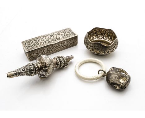 Four 19th &amp; 20th century collectable silver items, including a late 19th Century Middle Eastern white metal snuff box, re
