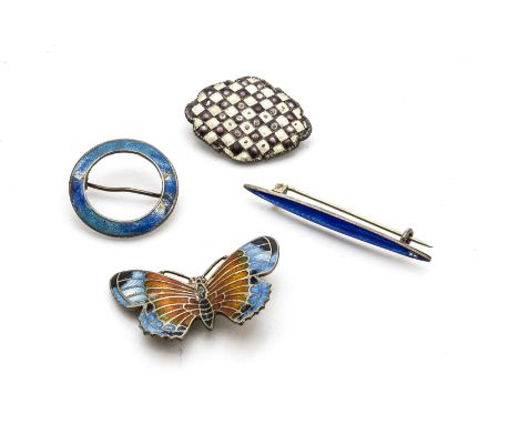 Four silver and enamel brooches, including a blue example my Marius Hammer, a Danish butterfly brooch lacking pin and two oth