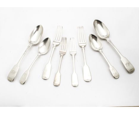 A group of Georgian and Victorian silver fiddle pattern flatware, including four tablespoons, a set of four Newcastle dinner 