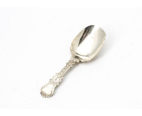 A Victorian silver tea caddy spoon by George Unite, with shaped and engraved handle, Sheffield 1878 