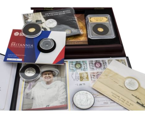 Seven gold and silver coins, including a US 1862 gold $1 in Franklin Mint capsule and presentation box, a 2014 Britannia fort