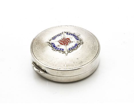 A George V silver and enamelled compact of Masonic Interest, circular with emblem to cover for London Mayor's Lodge 