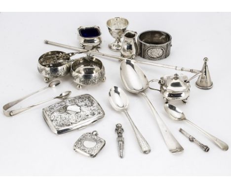 An assorted collection of small silver items, including a candle snuffer, AF, a bangle, Georgian tablespoon, pair of salts an