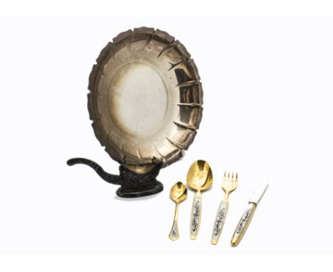 A modern Russian silver gilt four piece cutlery set, together with a silver plated dish and a Vietnamese silver coloured pipe