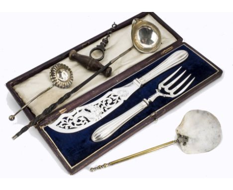 A Victorian fish eaters set, in mahogany fitted box with resin ivorine handles and silver plated blades and forks, together w