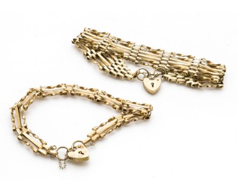 Two 9ct gold padlock clasp gate bracelets, one five bar example and one three bar, 14g 
