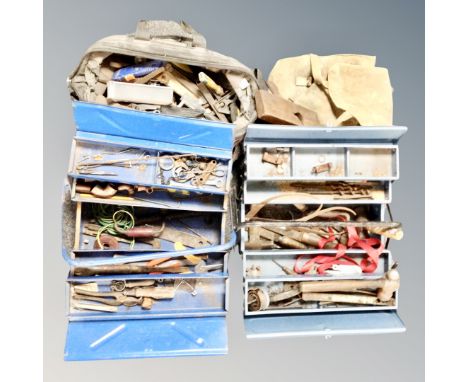Two metal concertaina tool boxes together with a Stanley Fatmax tool bag and further canvas tool bag containing vintage and l