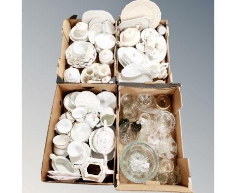 Four boxes of antique and later glass and ceramics, Shelley tea ware, ribbon plates, vintage bottles etc 