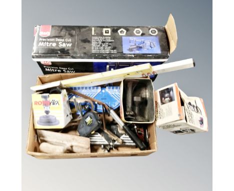 A B &amp; Q precisions mitre saw, boxed, together with a further box of halogen work light, spirit level, bottle jack, mitre 