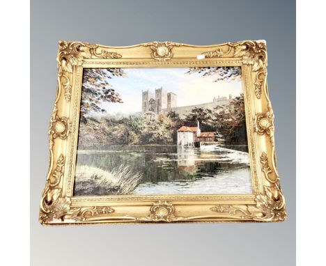 A Dallas K Taylor oil on board of Durham Cathedral viewed from the river, dated 1988.  (frame a/f)