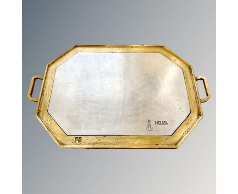 A David Marshall brass and aluminium twin-handled drinks tray, stamped Inquisa, Made in Spain, width 48cm