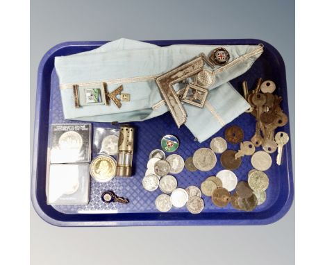 A tray of assorted antique and later coins, medals, York pin badge, miniature miner's lamp, keys, Freemason's sash with silve