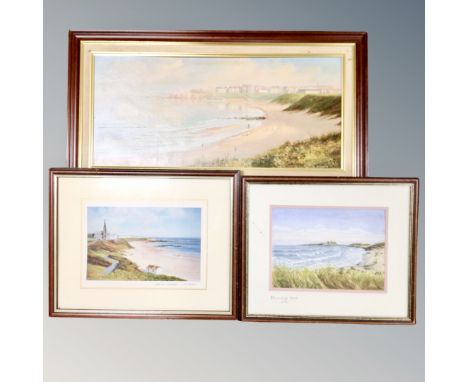 An Ivan Lindsay oil on canvas of Tynemouth Longsands, a further print of the same and an Evan Stobbart watercolour of Dunstan