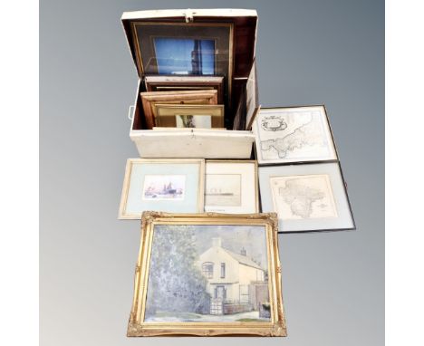 A vintage painted tin trunk containing antique and later pictures, prints, Ivan Lindsay print etc 