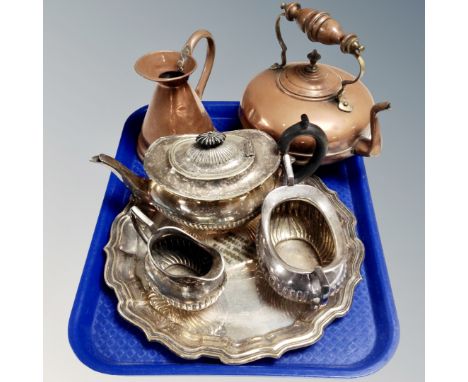 A three-piece plated tea service on scalloped tray together with an antique copper jug and kettle 