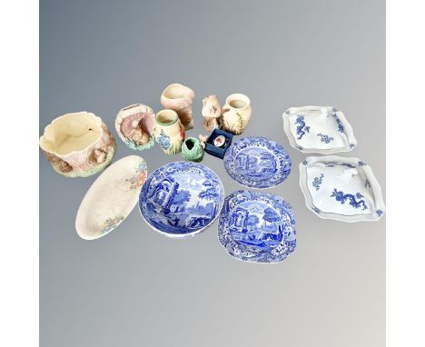 A group of ceramics to include Copeland Spode blue and white, Art Deco vases, Sylvac planter, pair of tureens. (Q)