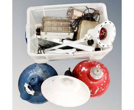 A crate of Industrial light fittings, pendant lights, angle poise lamp 