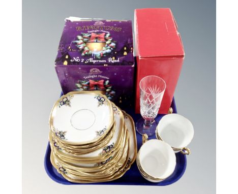 A tray of part antique china tea service, pair of Royal Brierley crystal glasses, Ringtons tealight house, boxed.