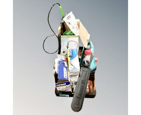 A box of Bosch AXE-35 S electric chain saw, power craft sprayer, Window vacuum etc 