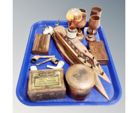 A tray of clay pipes and vintage treen, goblets, Jerusalem boxes, methodist box, table lamp in the form of a boat 