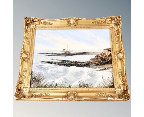 A Dallas K Taylor oil on board of St Mary's Lighthouse, dated 1983 (frame a/f)