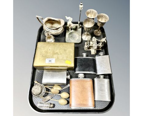 A tray of antique and later metal wares, brass table box, hip flask, plated sauce jug, cut glass and silver bottle etc 