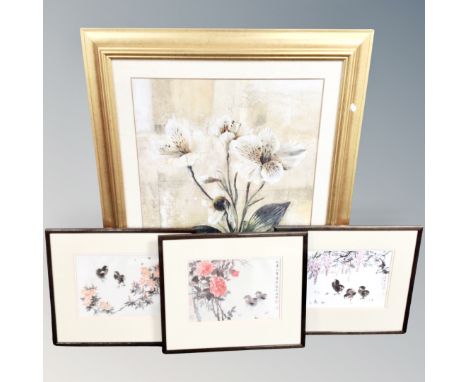 A set of three Chinese silk pictures - Birds and foliage, further print of flowers 